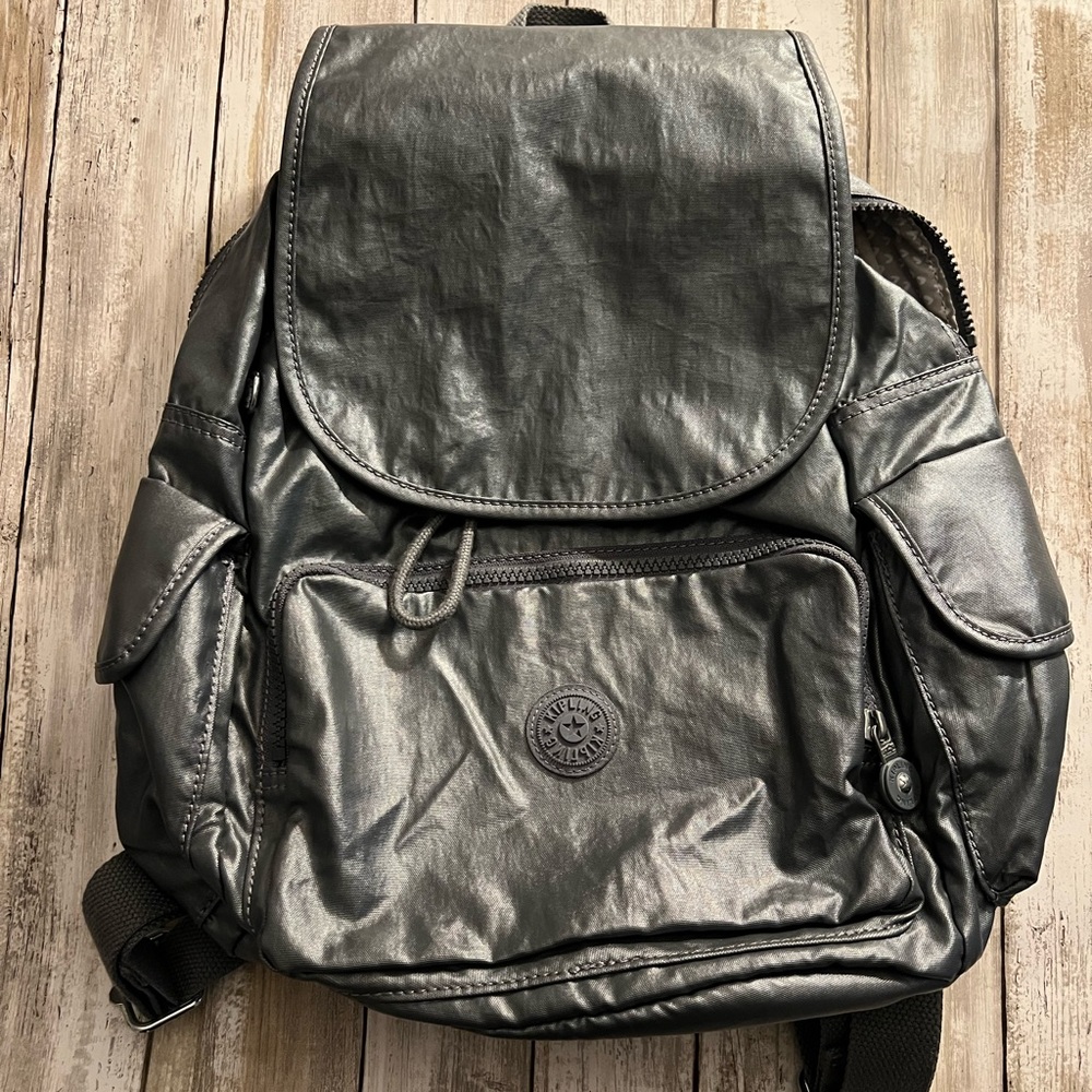 LIKE NEW Kipling backpack, dark grey metallic nylon